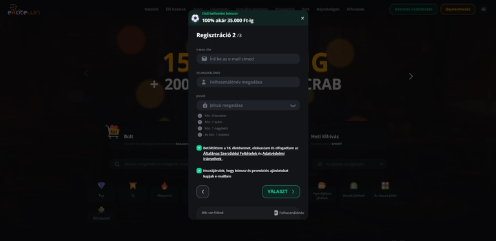 Excitewin - Regisztráció