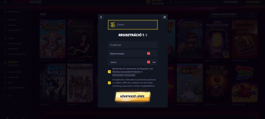 QuickWin Casino regisztráció